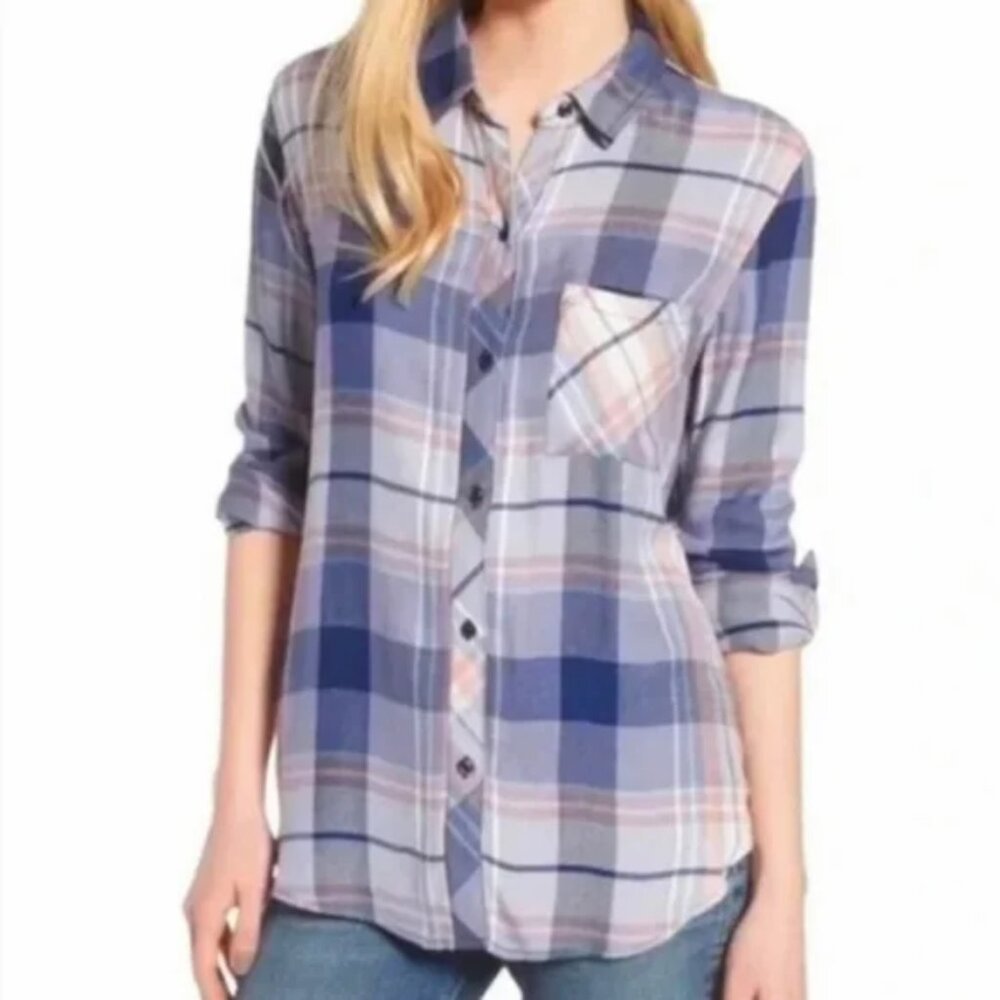 RAILS Hunter Coast Blue Apricot Cream Plaid Button Down Shirt Top